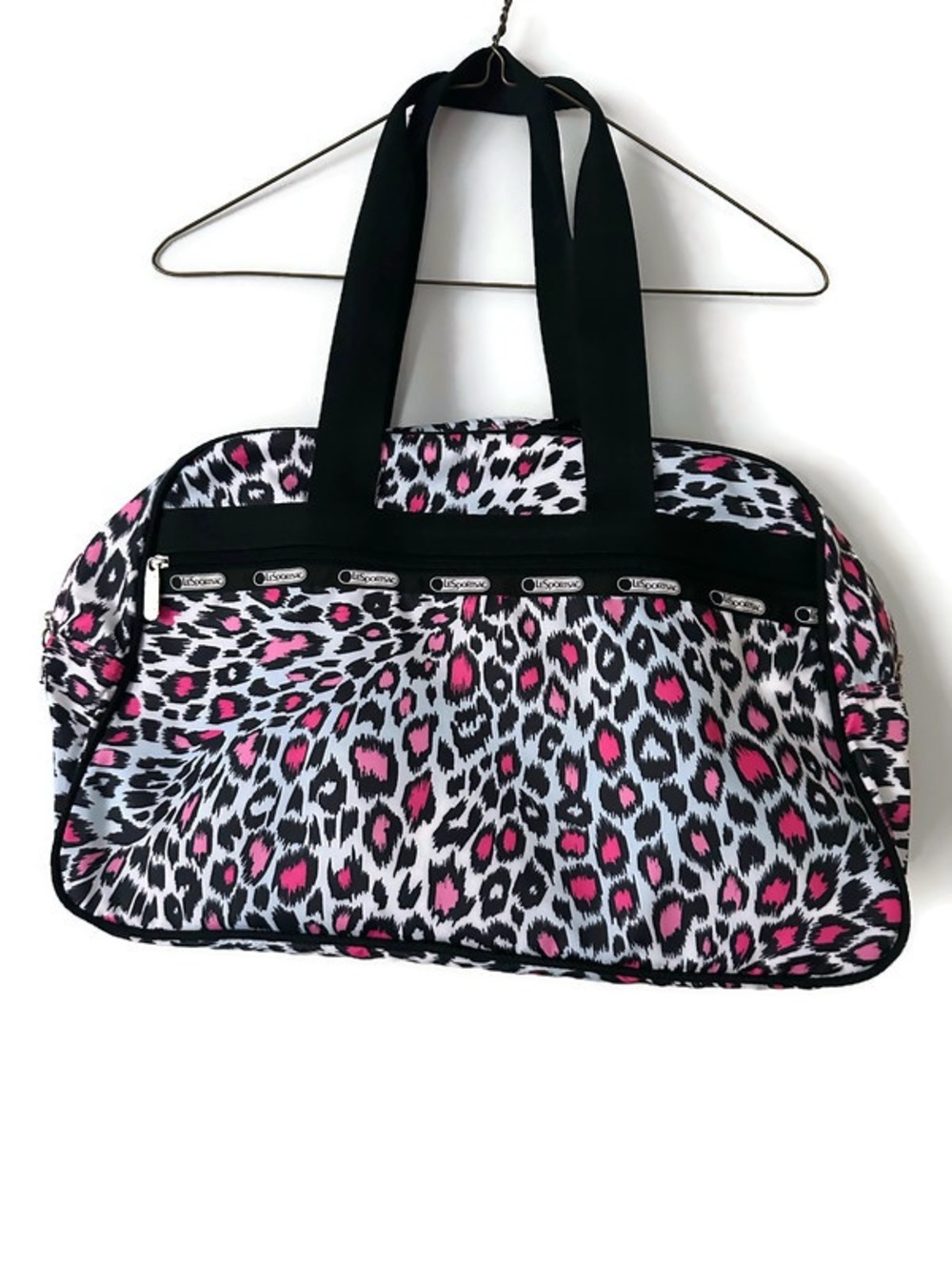 Lesportsac Black, White & Pink Leopard Print Travel Tote